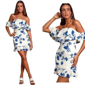 Lulus White and Blue Floral Off Shoulder Dress.